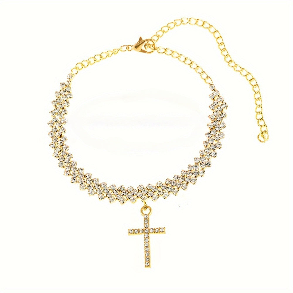 1 Piece Delicate Cross Pendant Anklet Jewelry Sparkling Diamonds Elegant Sexy Style Personalized Summer Beach Anklet Perfect Holiday Gift For Friends Loved Ones