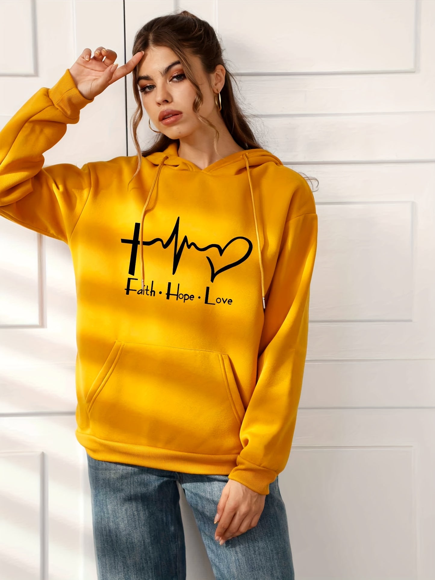 Women's Faith Hope and Love Hooded Sweatshirt with Front Pocket and Drawstring Hoodie - Comfortable and Stylish Casual Sports Long Sleeve Sweatshirt