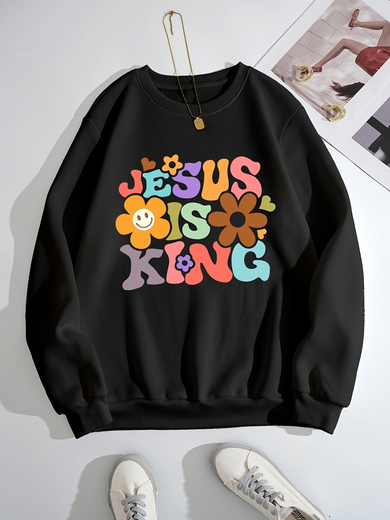 Jesus Print Solid Pullover, Long Sleeve Crew Neck Casual Every Day Sweatshirt, Women's Clothing