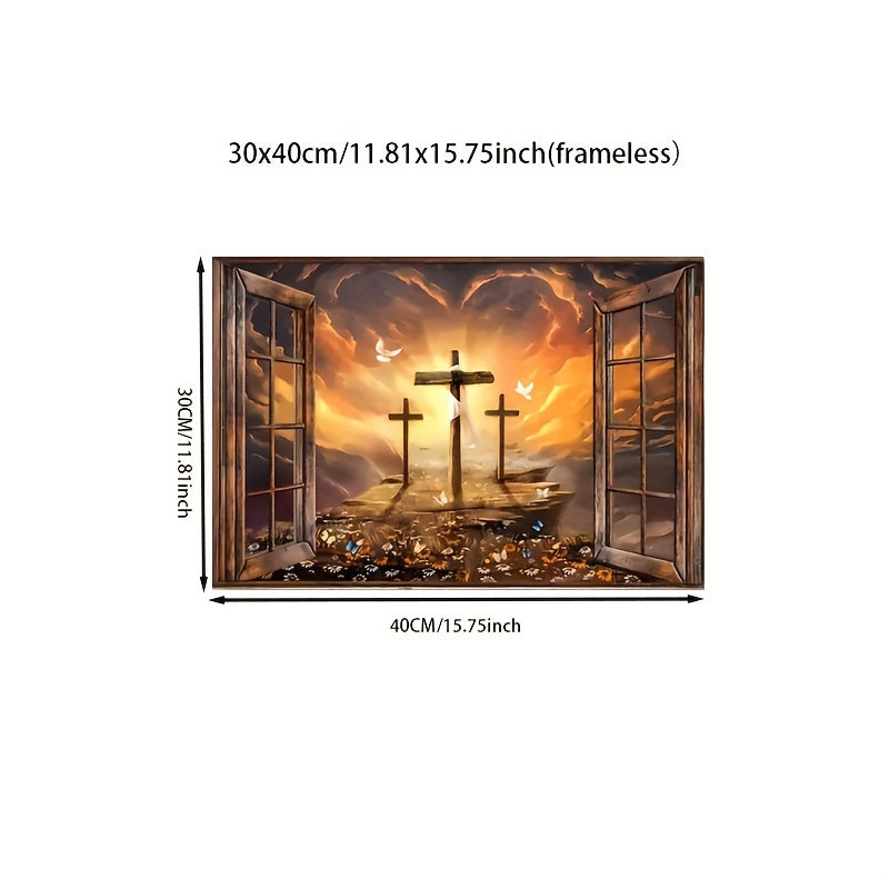 Window frame, Sunset painting, Path to heaven, The three crosses, Christ Landscape Canvas Picture Home Decor for Living Room, Bedroom, The Picture Has Been Framed