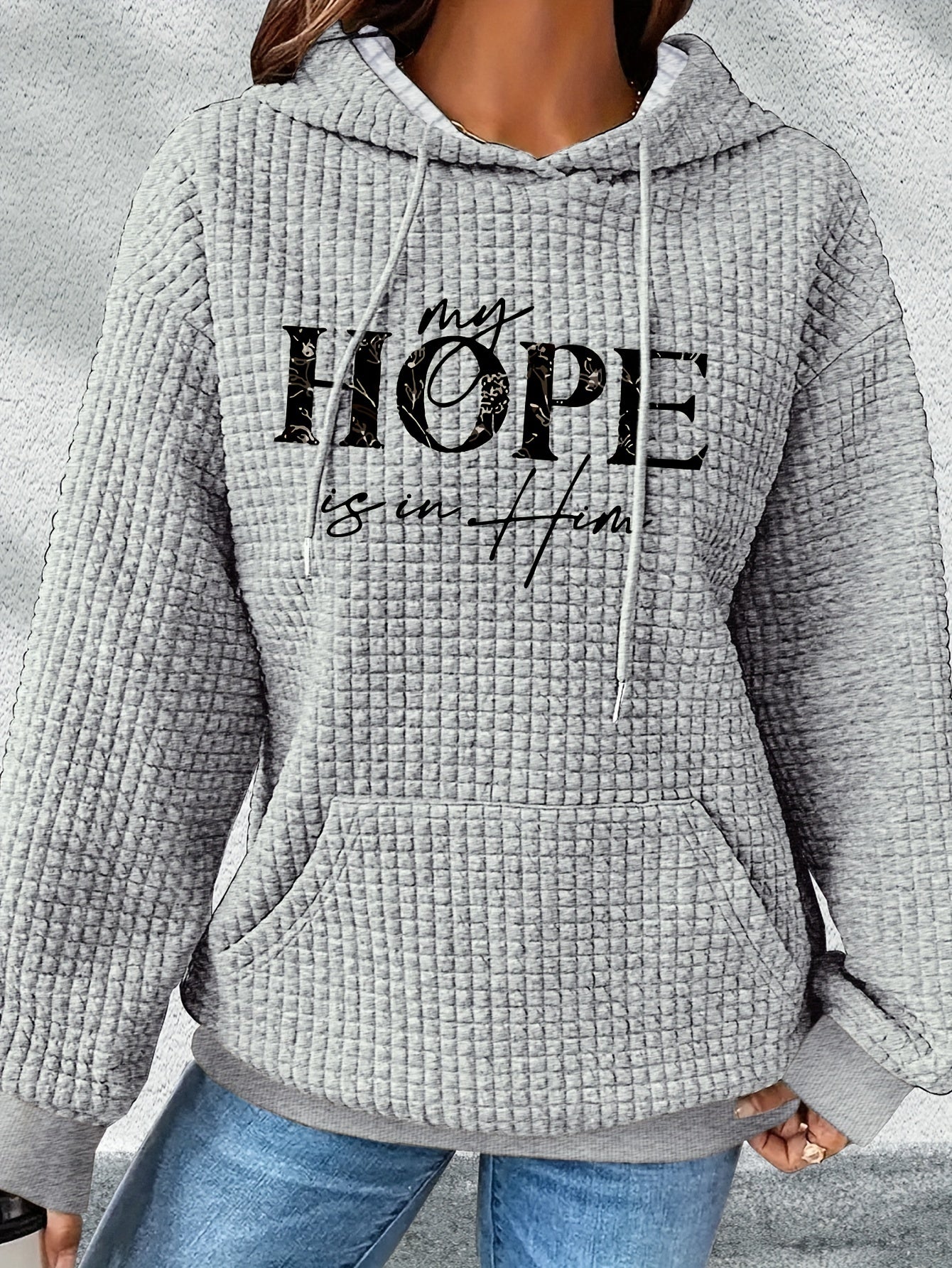 Plus Size Hope Letter Print Drawstring Waffle Hoodie, Casual Long Sleeve Sweatshirt For Fall & Winter, Women's Plus Size Clothing