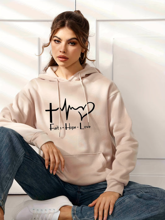 Women's Faith Hope and Love Hooded Sweatshirt with Front Pocket and Drawstring Hoodie - Comfortable and Stylish Casual Sports Long Sleeve Sweatshirt