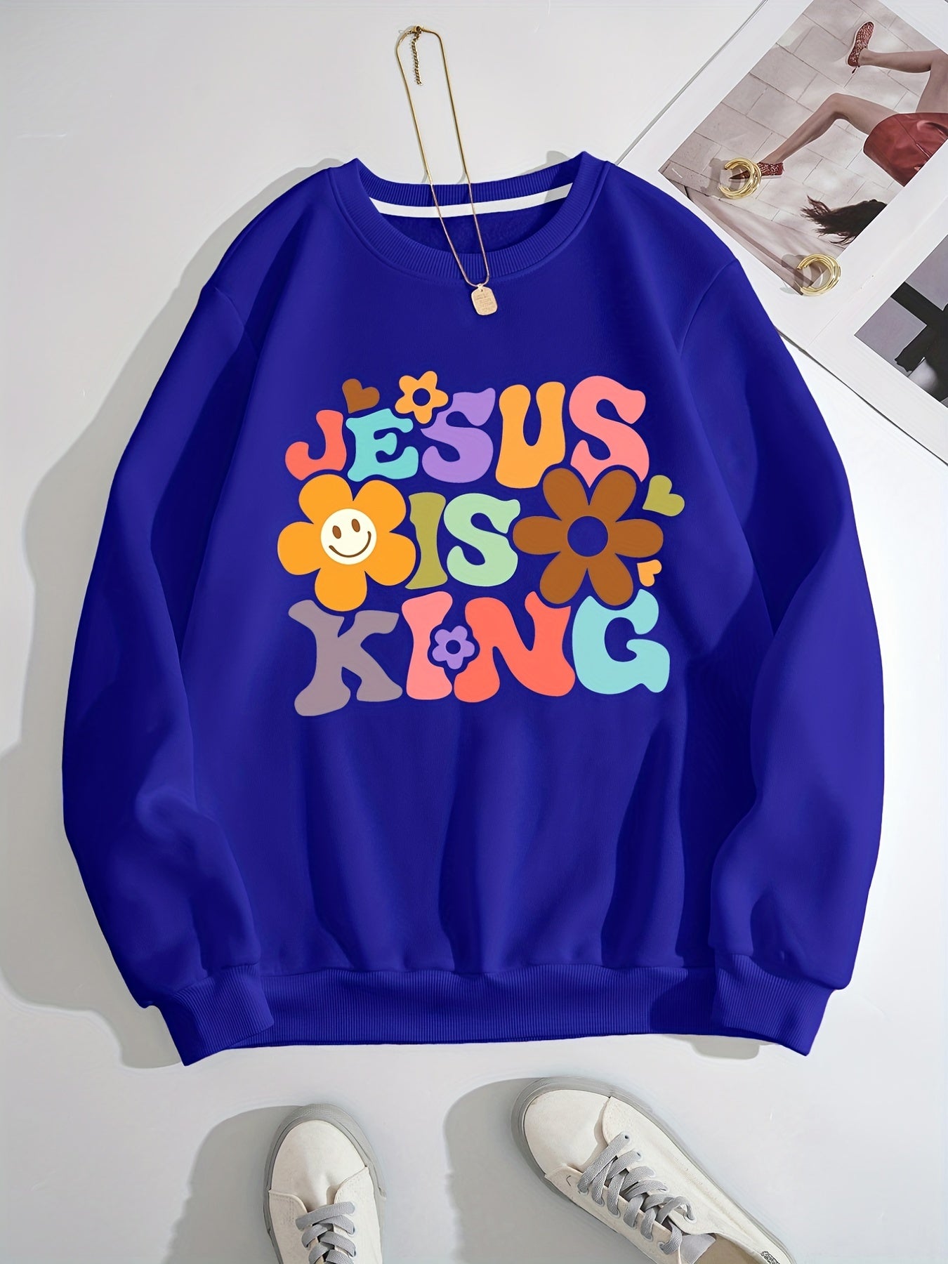 Jesus Print Solid Pullover, Long Sleeve Crew Neck Casual Every Day Sweatshirt, Women's Clothing