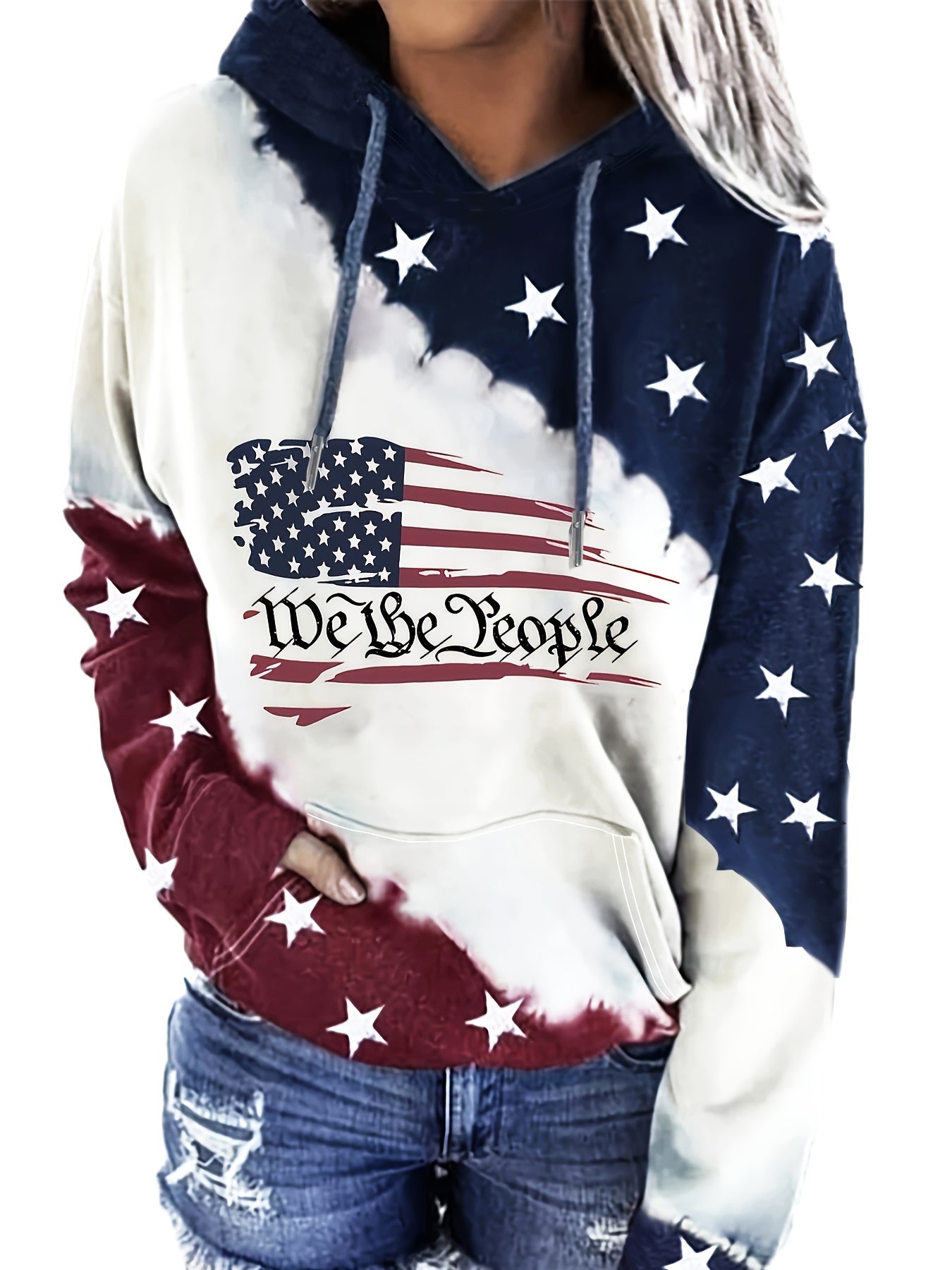 American Flag Print Drawstring Hoodie, Casual Long Sleeve Kangaroo Pocket Sweatshirt, Women's Clothing