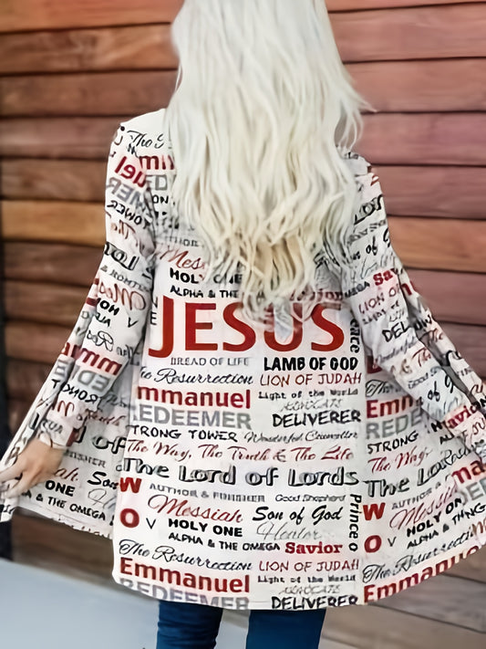 Jesus Print Open Front Cardigan, Casual Long Sleeve Cardigan For Spring & Fall, Women's Clothing