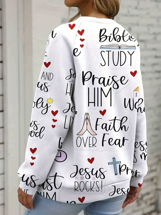 Jesus Letter Full Printed Sweatshirt, Casual Crew Neck Long Sleeve Sweatshirt, Women's Clothing