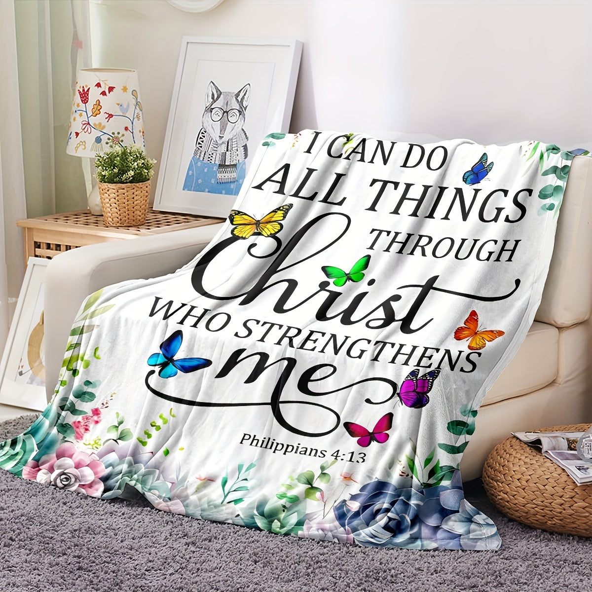 1pc Bible Verse Pattern Blanket, Flannel Fabric Soft & Warm Blanket For Living Room & Bedroom, Home Decor, Travel