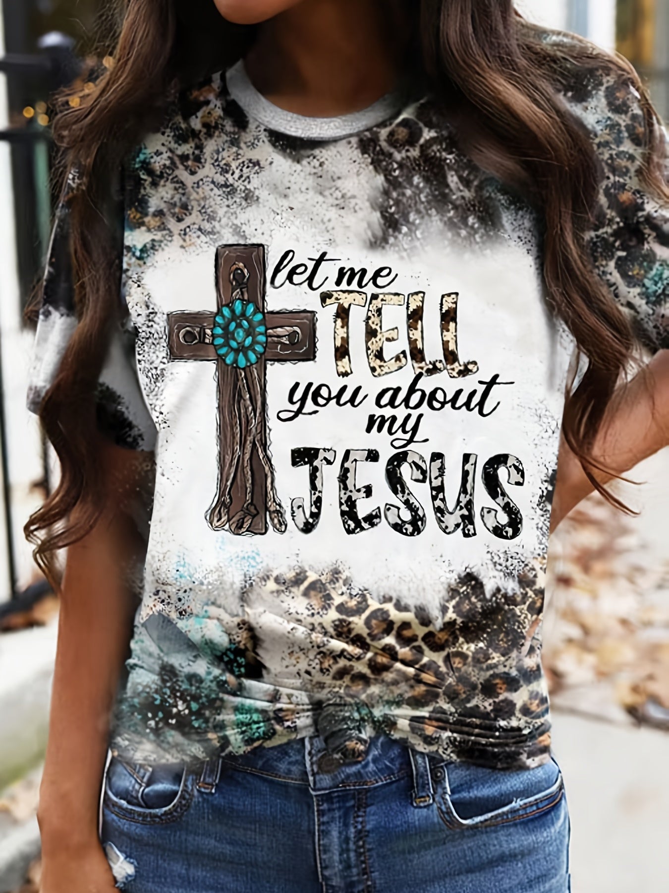 Let Me Tell You About My Jesus Letter & Cross Print T-shirt, Casual Vintage Leopard Short Sleeve T-shirt, Women's Clothing