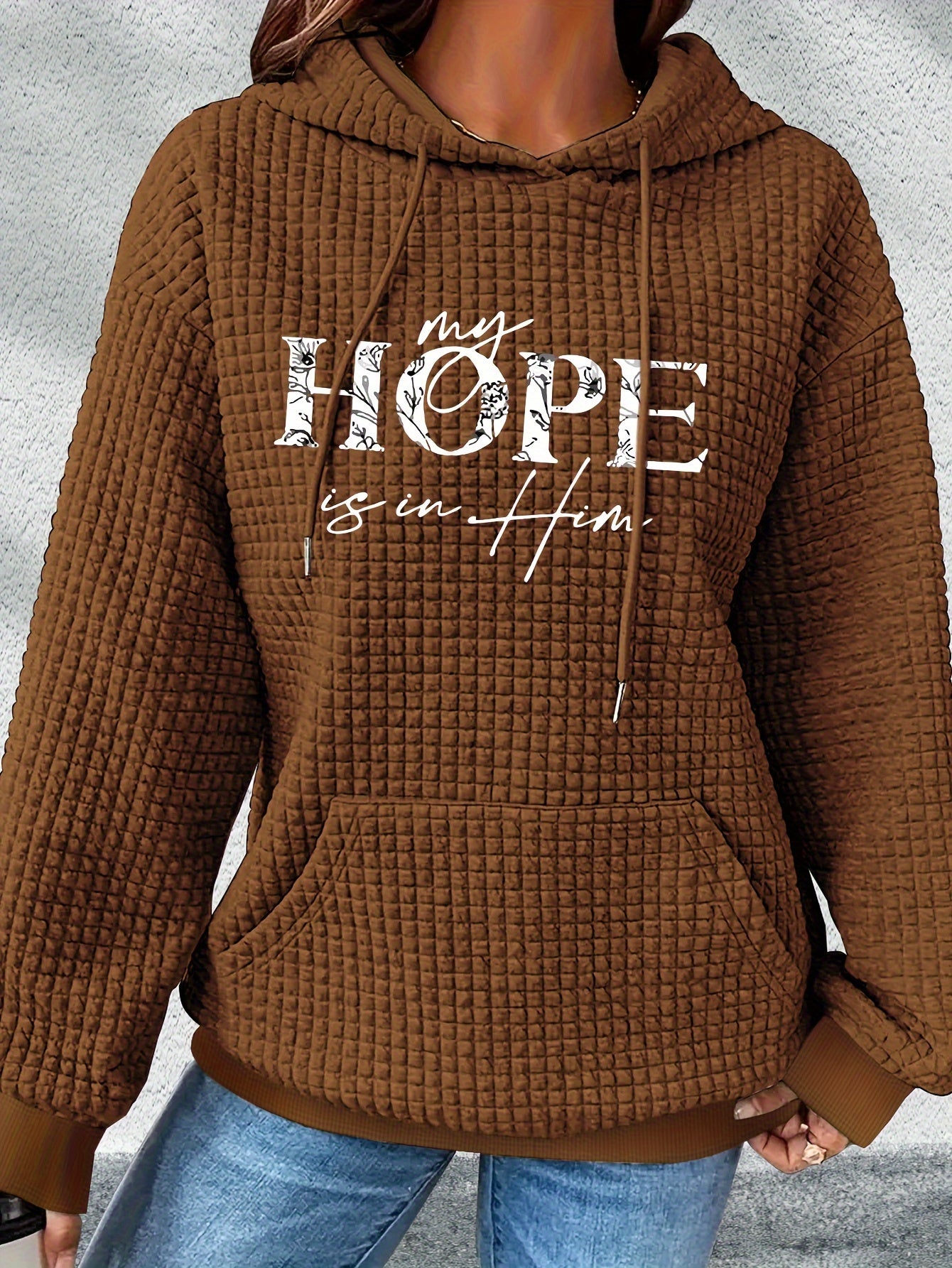 Plus Size Hope Letter Print Drawstring Waffle Hoodie, Casual Long Sleeve Sweatshirt For Fall & Winter, Women's Plus Size Clothing