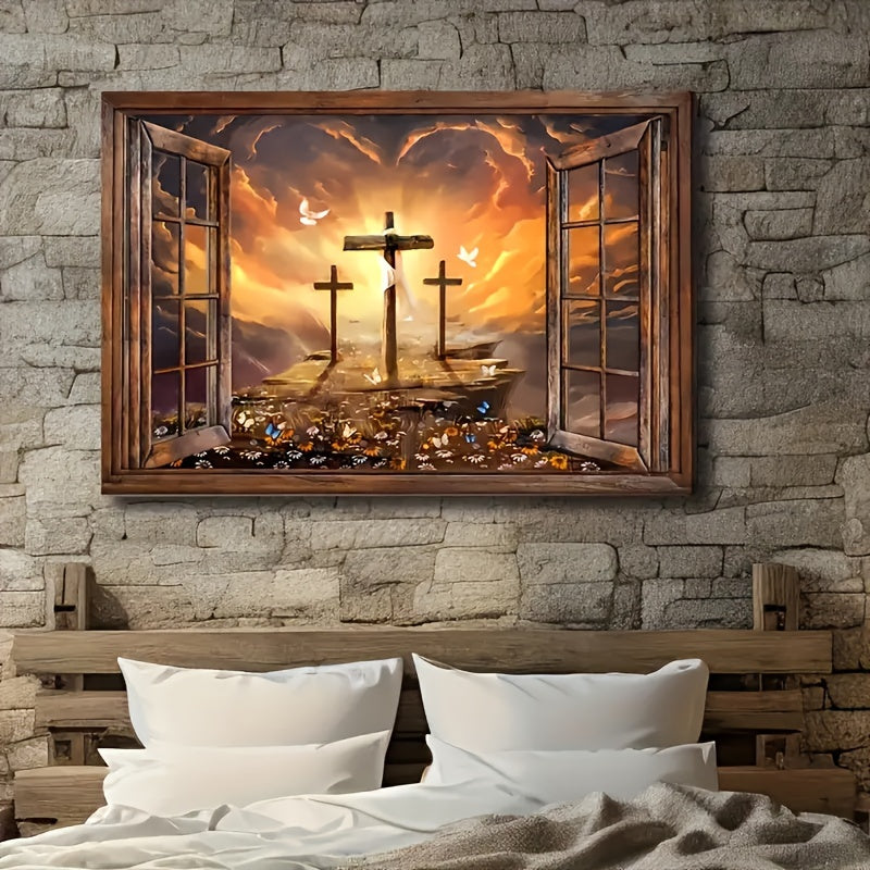 Window frame, Sunset painting, Path to heaven, The three crosses, Christ Landscape Canvas Picture Home Decor for Living Room, Bedroom, The Picture Has Been Framed