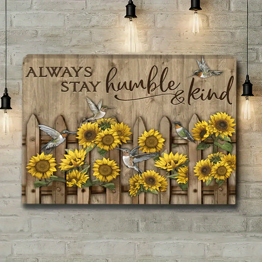 Always Stay Humble and Kind Sunflower Retro Style Wall Art Painting, Suitable for Indoor Outdoor Home Decor, Room Door Accessories Poster Gifts, Cafes Bar, Club Office, Store, Yard, Has Framed