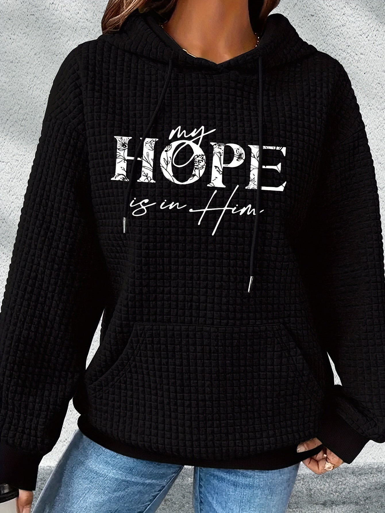 Plus Size Hope Letter Print Drawstring Waffle Hoodie, Casual Long Sleeve Sweatshirt For Fall & Winter, Women's Plus Size Clothing