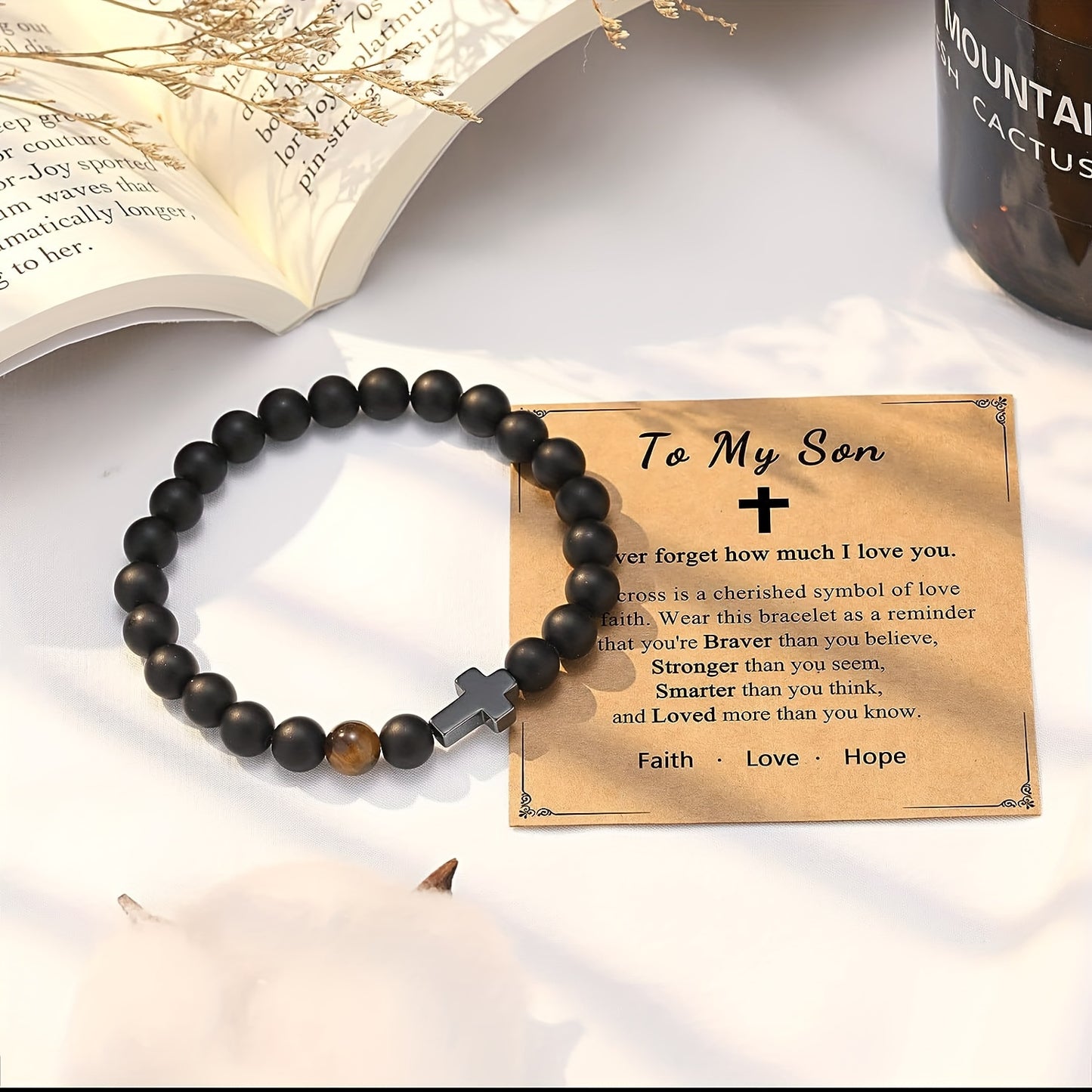 Hope, Faith, And Love! Stylish Cross Decor Black Beaded Bracelet For Son, Birthday, Christmas Gift, Easter Gift