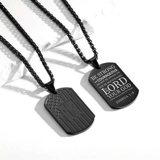 1pc Black Fashion Dog Tag Necklace, Bible Verse Pendant, Men Stainless Steel Cross Jewelry Gift