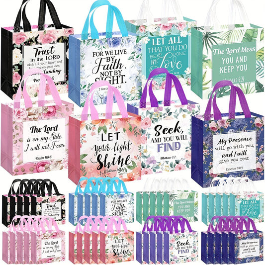 32 Pack Floral Bible Verse Tote Bags with Handles - Reusable Fabric Gift Bags for Christian Baptism, Wedding, and Birthday - Inspirational Religious Non-Woven Totes for Women and Girls