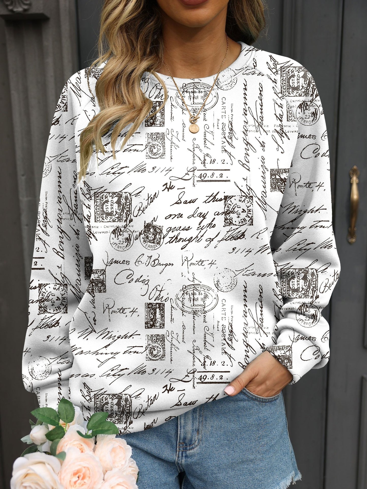 Jesus Letter Full Printed Sweatshirt, Casual Crew Neck Long Sleeve Sweatshirt, Women's Clothing