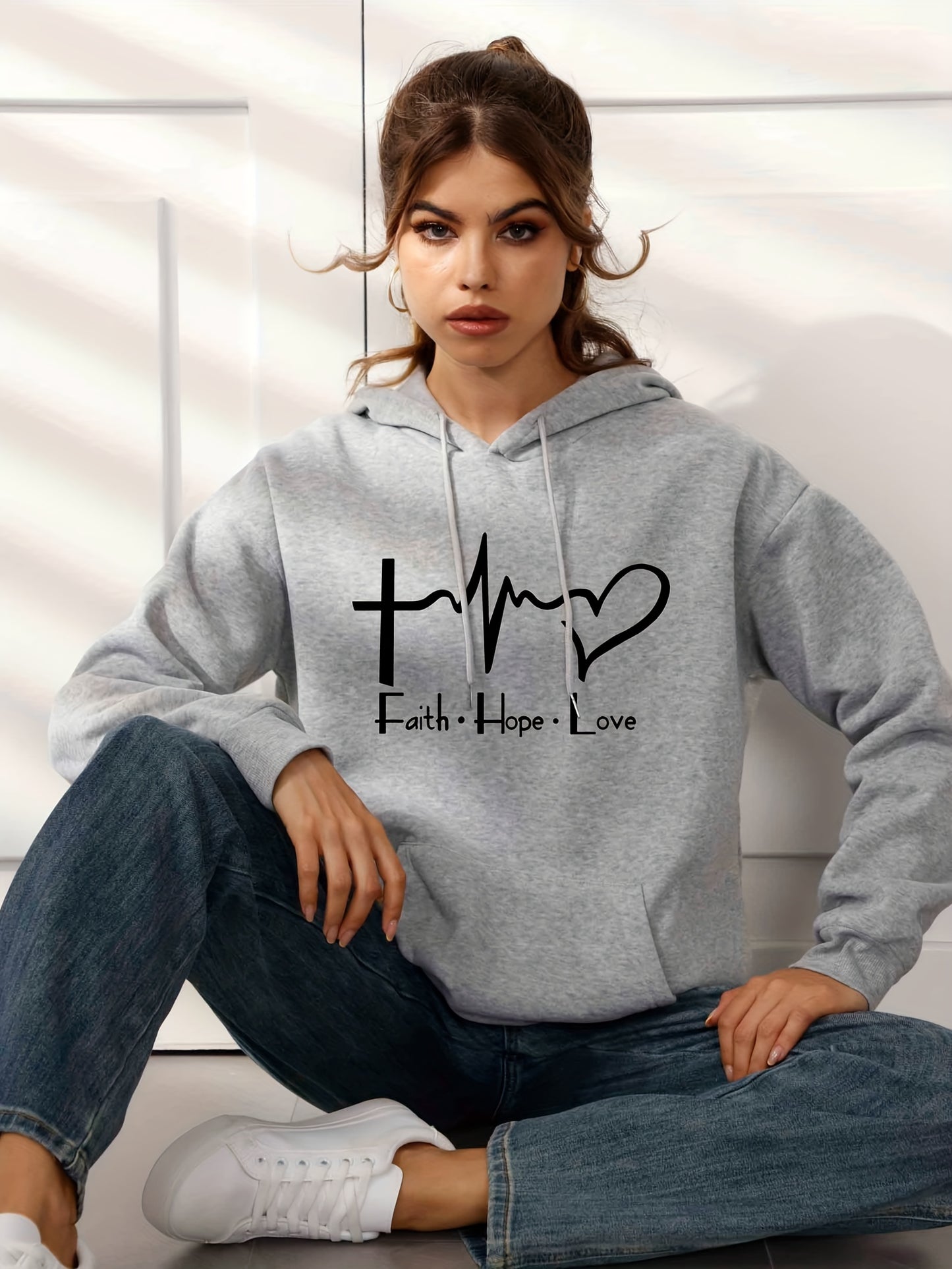 Women's Faith Hope and Love Hooded Sweatshirt with Front Pocket and Drawstring Hoodie - Comfortable and Stylish Casual Sports Long Sleeve Sweatshirt