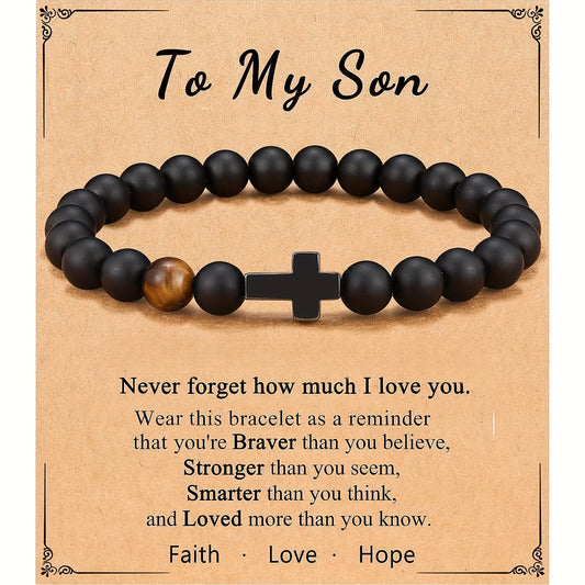 Hope, Faith, And Love! Stylish Cross Decor Black Beaded Bracelet For Son, Birthday, Christmas Gift, Easter Gift