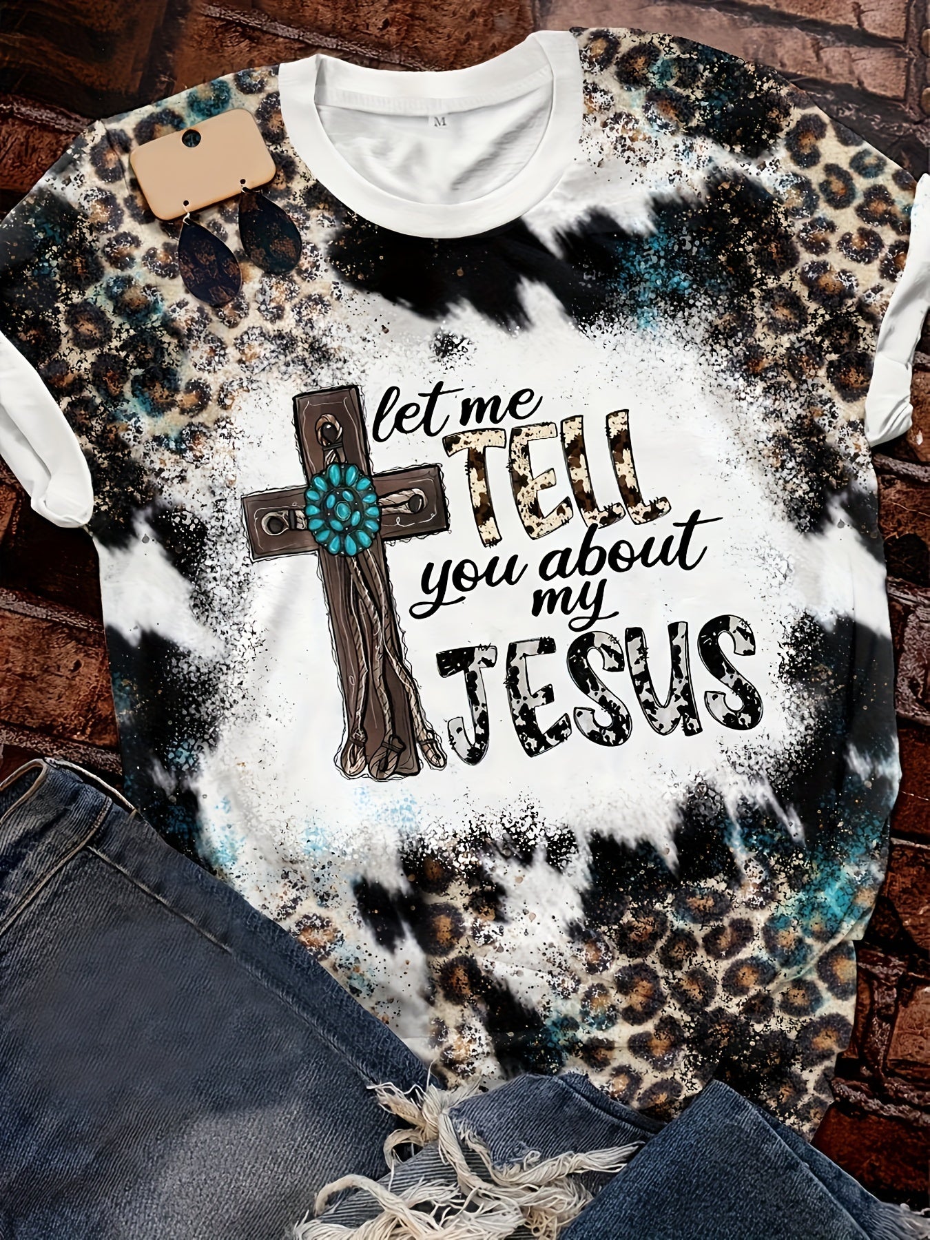 Let Me Tell You About My Jesus Letter & Cross Print T-shirt, Casual Vintage Leopard Short Sleeve T-shirt, Women's Clothing