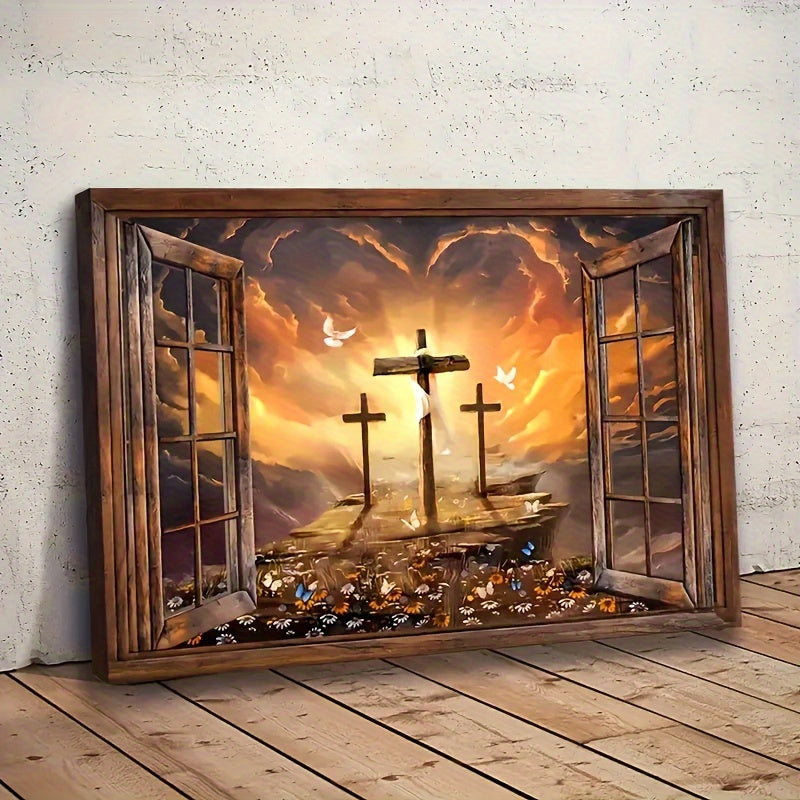 Window frame, Sunset painting, Path to heaven, The three crosses, Christ Landscape Canvas Picture Home Decor for Living Room, Bedroom, The Picture Has Been Framed